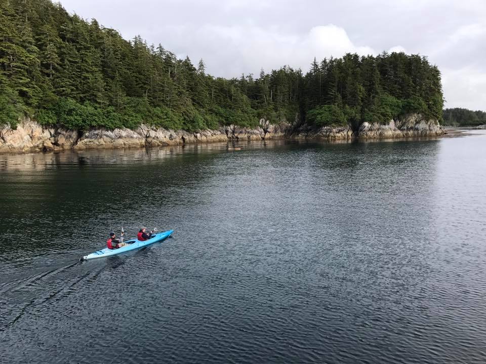 A couple of people are rowing in the water