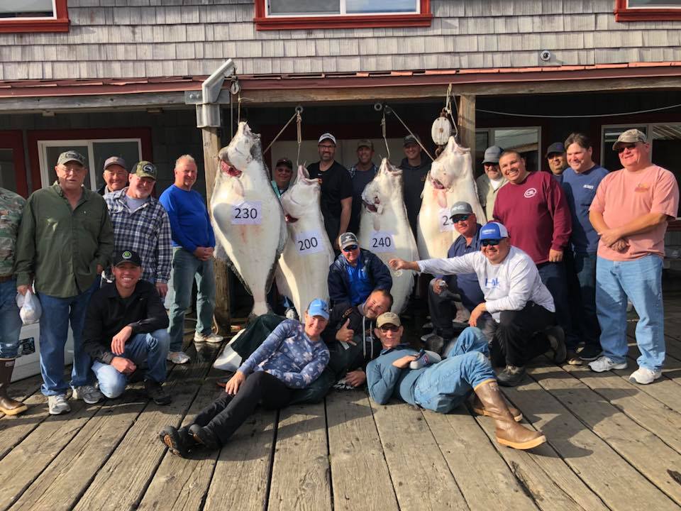 A group of people posing with large fish.