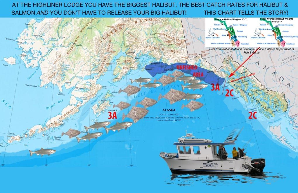 Fishing map of Alaska with boat illustration.