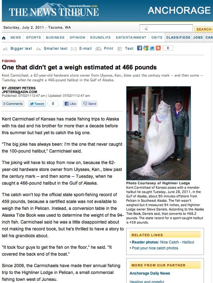 Newspaper article about a large halibut catch.