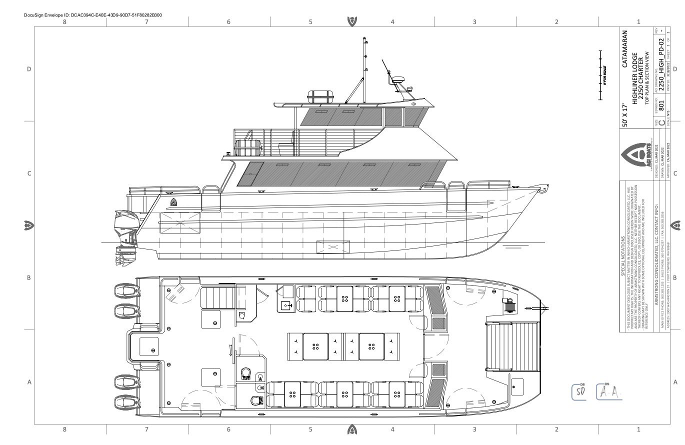 A drawing of the deck and floor plan for a boat.